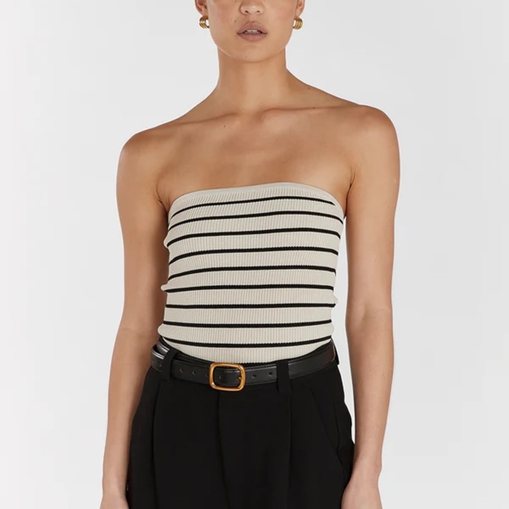 DISSH Cream Strapless Ribbed Tube Top with Black Stripes